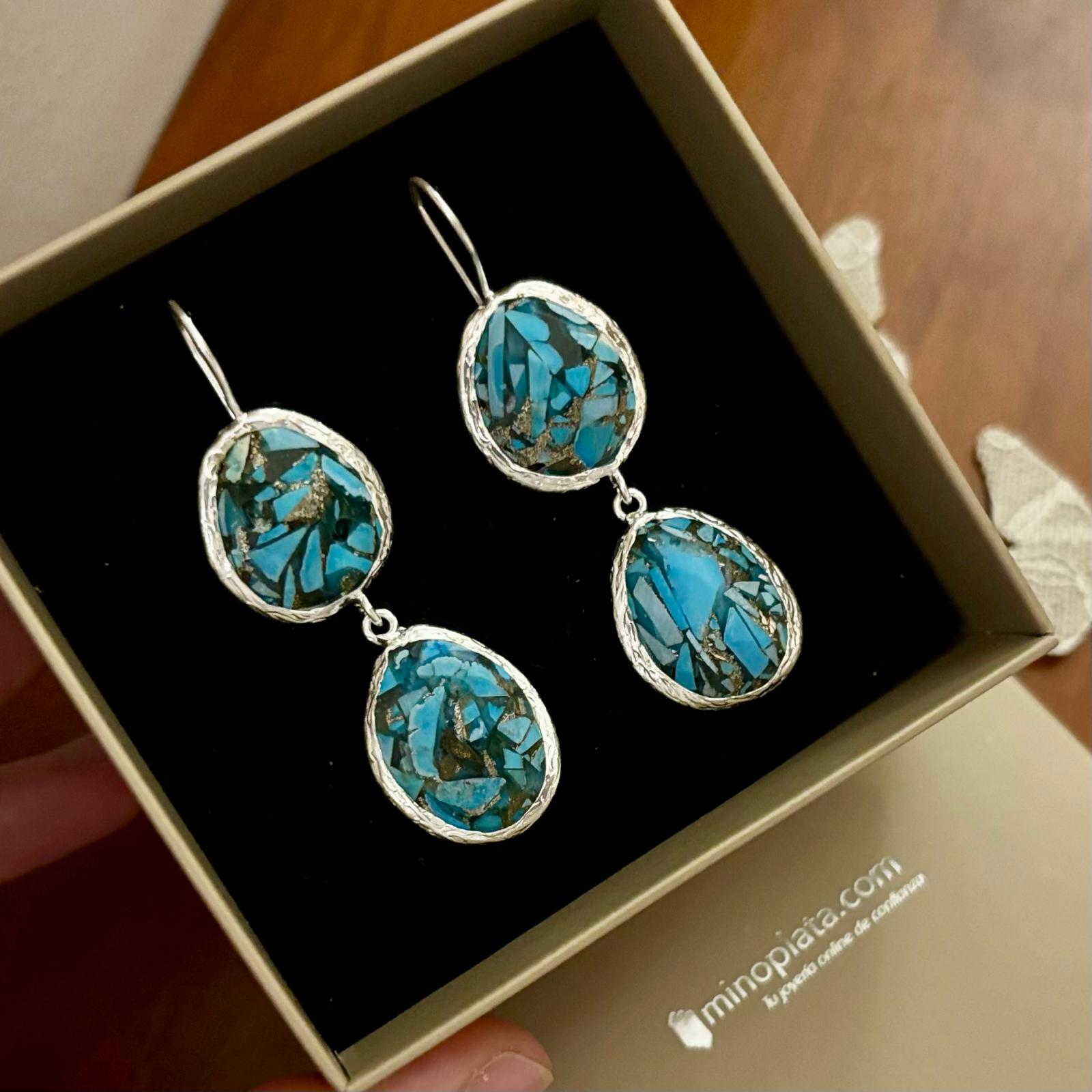Pendientes largos piedra natural turquesa en Plata de ley 925 3