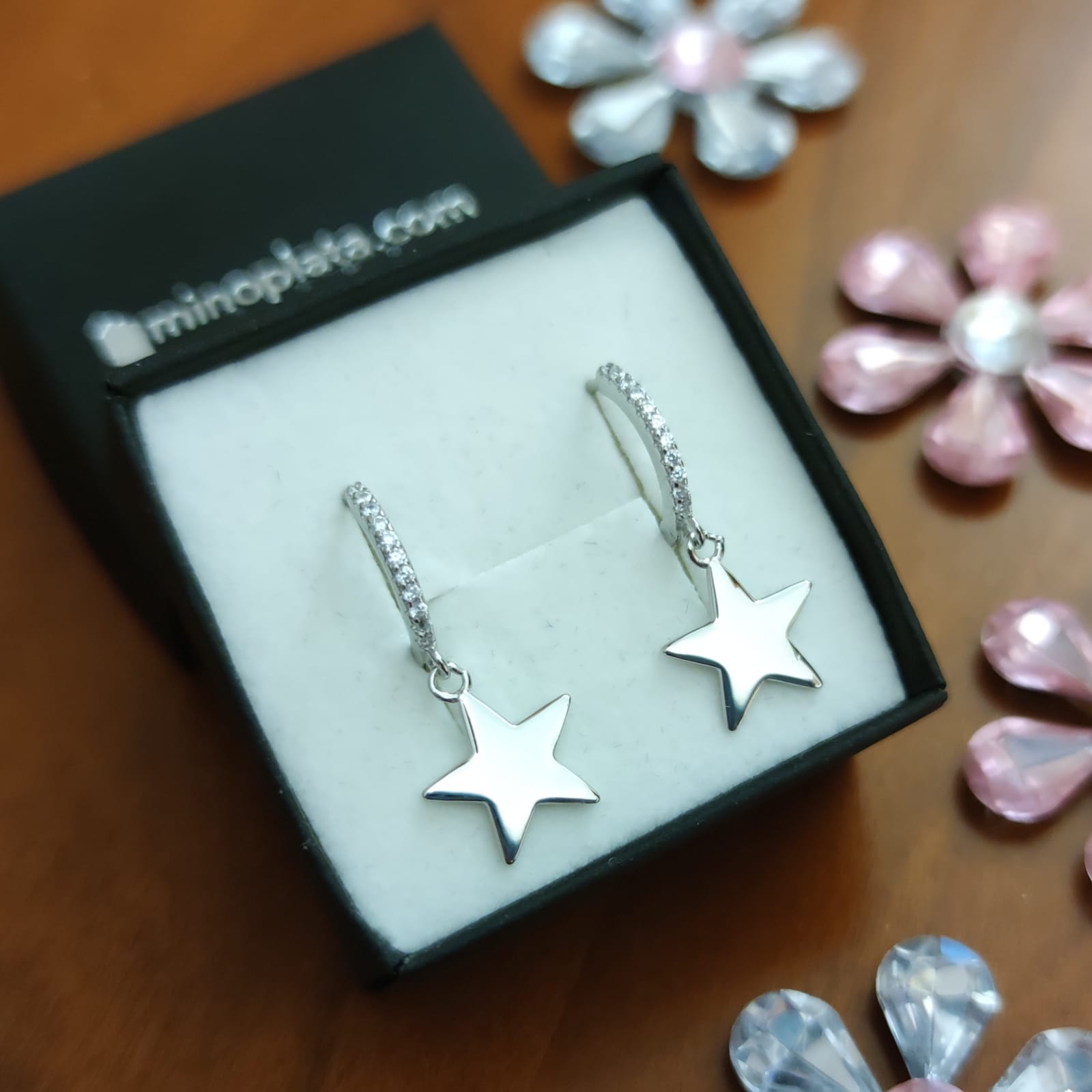 Pendientes Aros Circonitas estrella colgante de Plata de ley 2