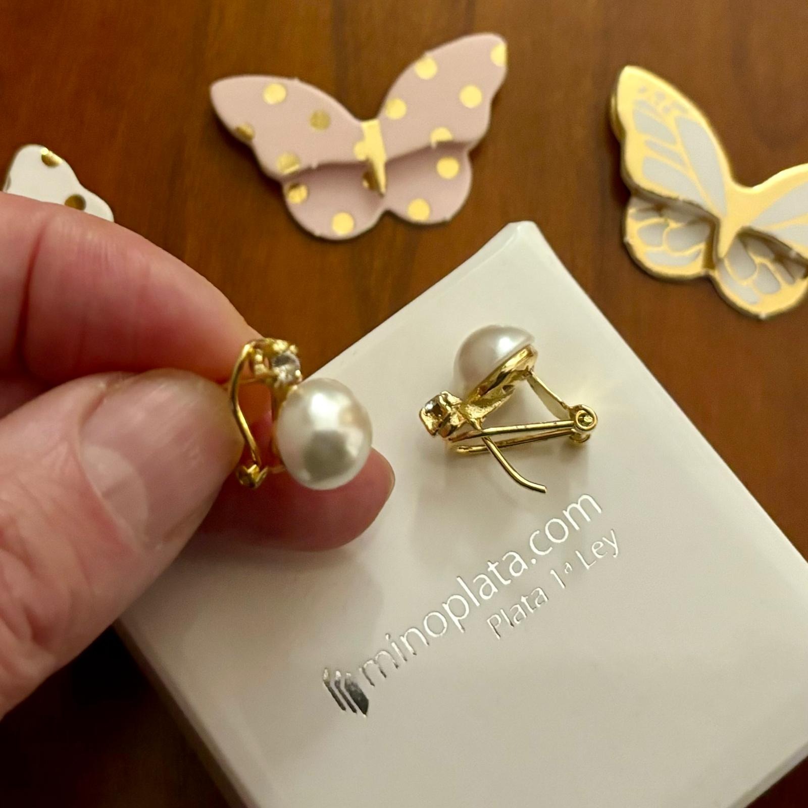 Pendientes japonesa de Plata dorada Perla y Circonita 10 Mm. 3