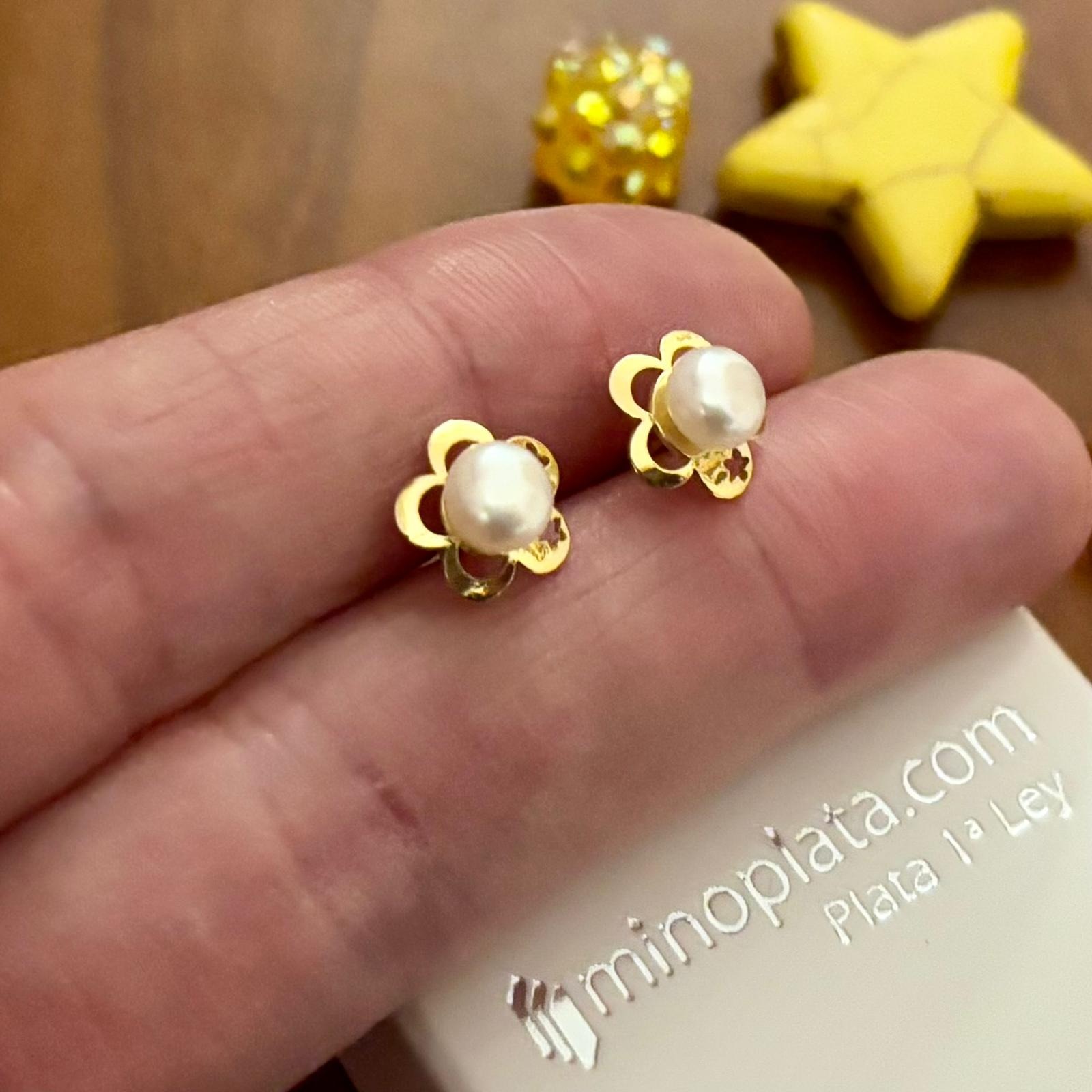 Pendientes flor de Plata dorada con Perlas cultivadas 3