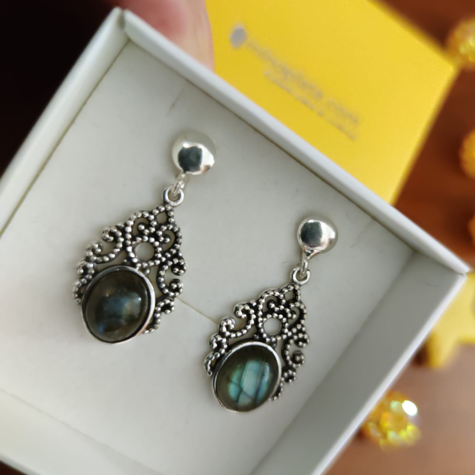 Pendientes calados de Plata envejecida con piedra Labradorita 2