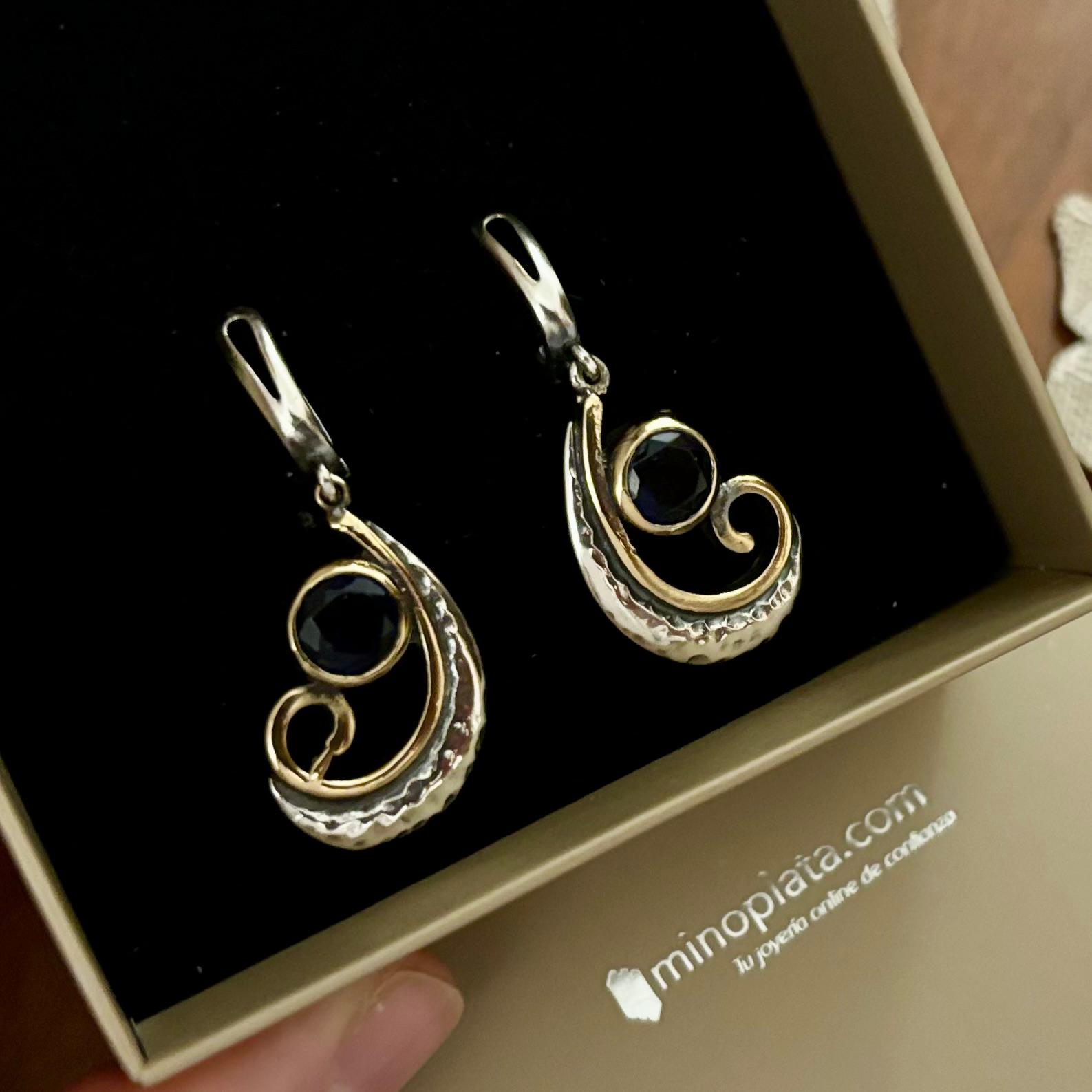 Pendientes de Plata de ley vieja con latón y piedra natural 2