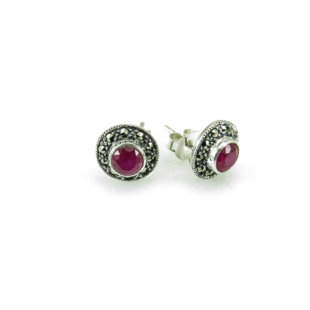 Pendientes redondos de Plata vieja con Marcasitas y piedra rosa
