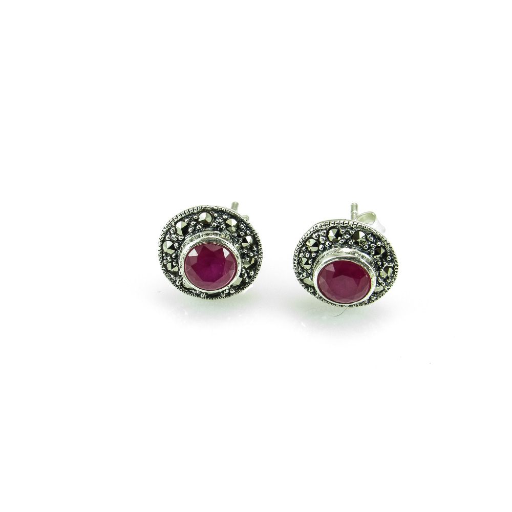 Pendientes redondos de Plata vieja con Marcasitas y piedra rosa 1