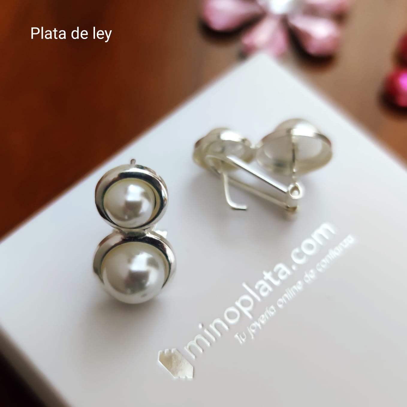 Pendientes doble perla cerco de Plata de ley cierre omega 4