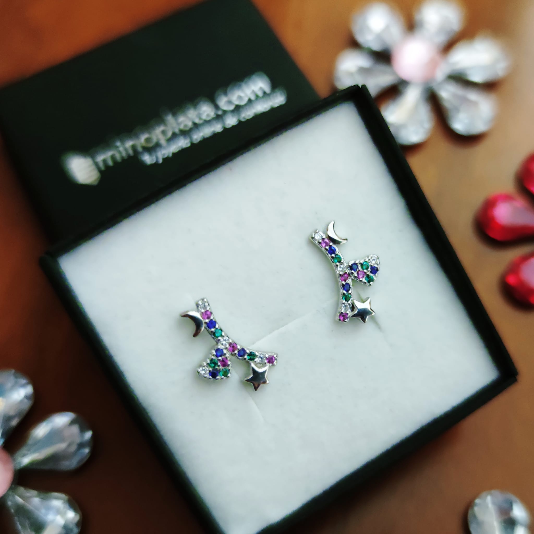 Pendientes trepadores luna, estrella y corazón de Plata y Piedra 1