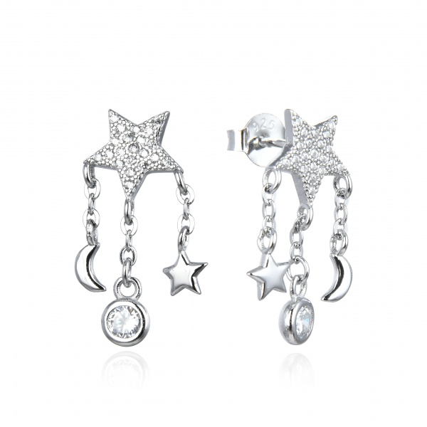 Pendientes estrella de Plata de ley luna y circonitas colgantes