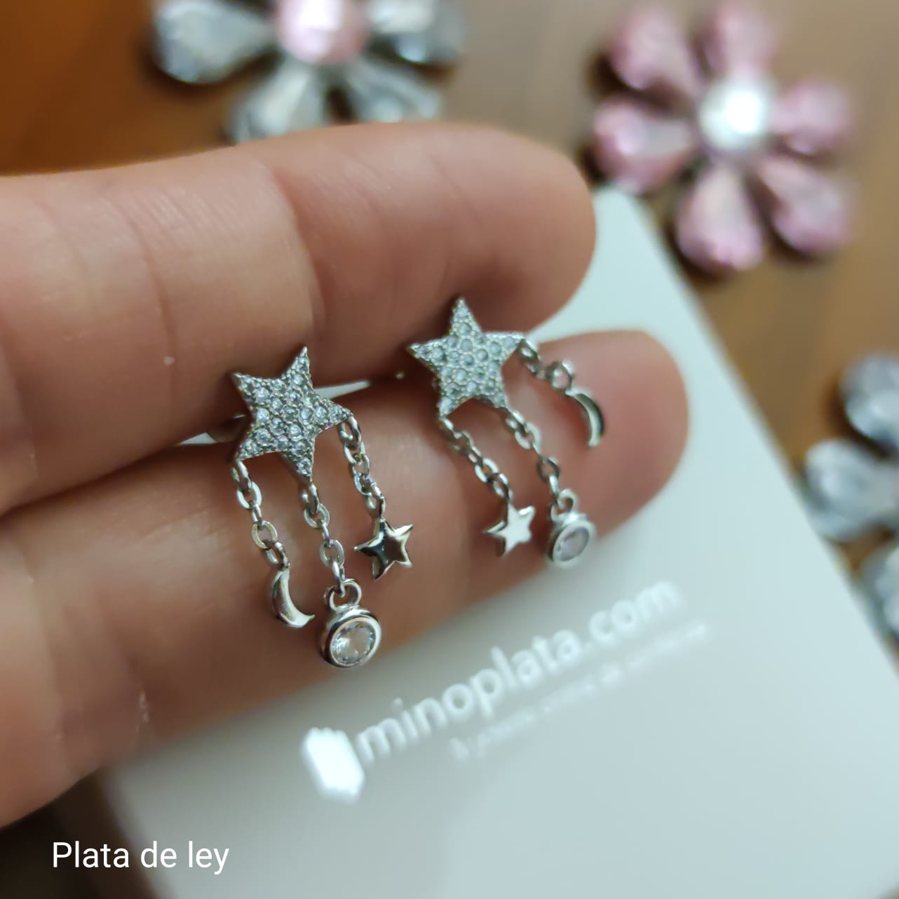 Pendientes estrella de Plata de ley luna y circonitas colgantes 2