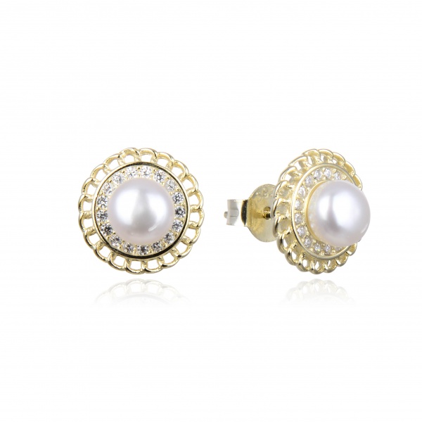 Pendientes de Plata chapada dorada con Perla y Circonitas