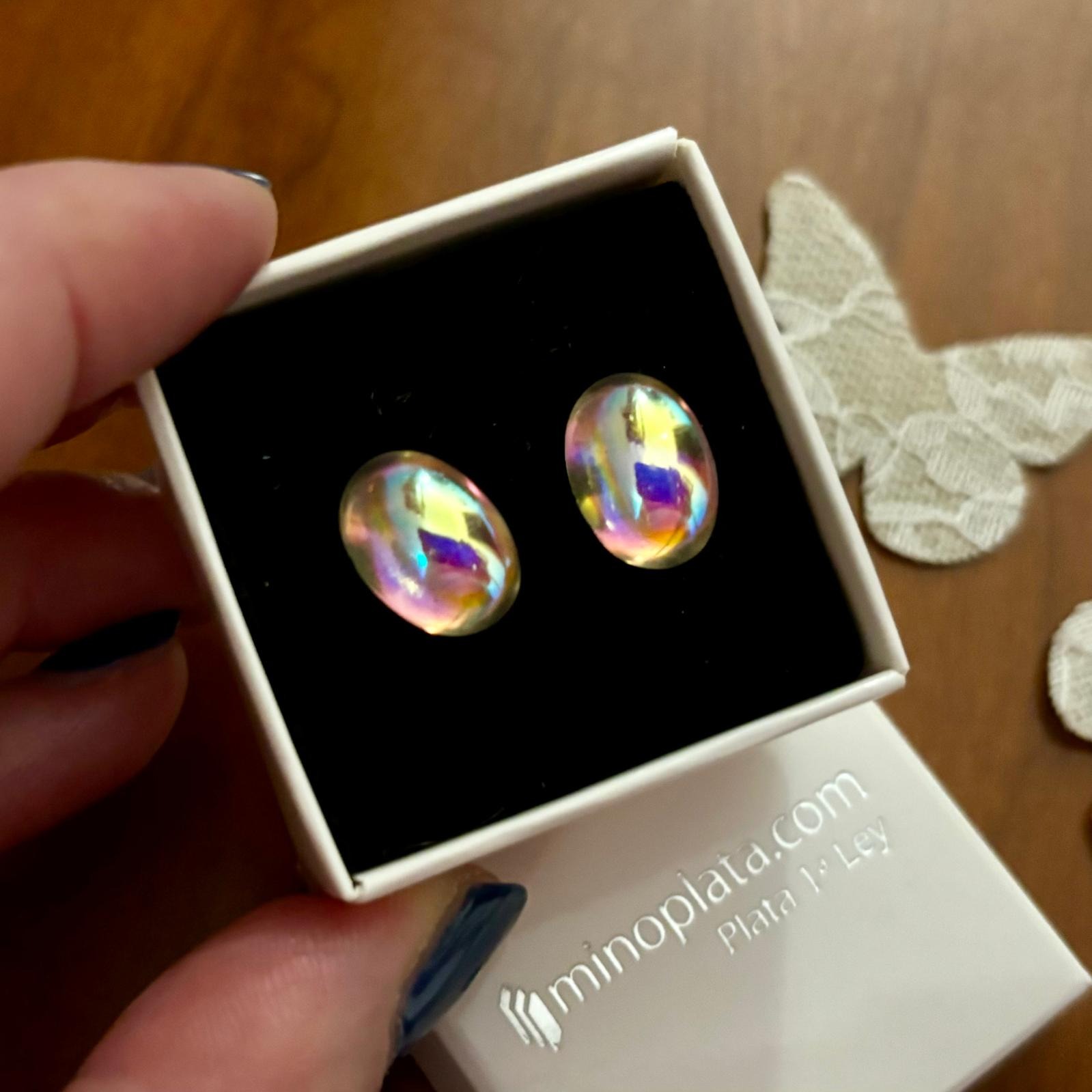 Pendientes cristal Checo blanco tornasol en Plata de ley 1