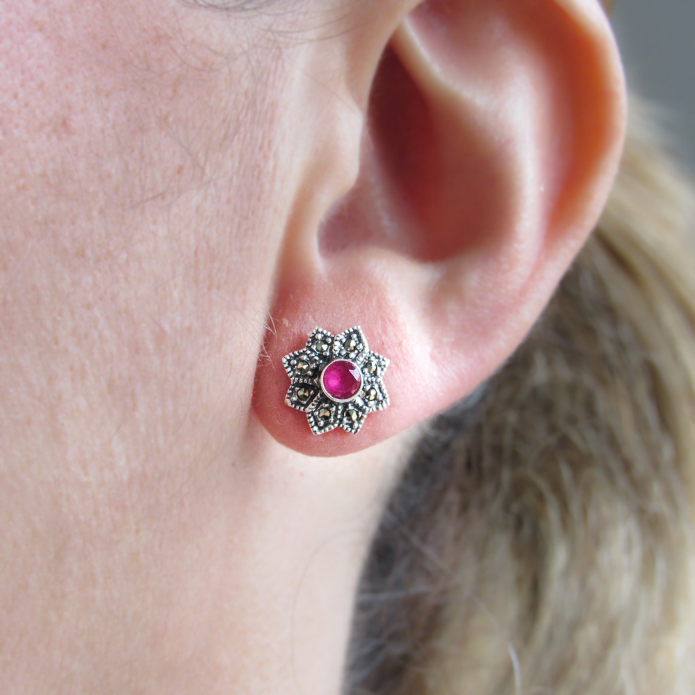 Pendientes Plata vieja y Marcasitas piedra rosa para mujer 2