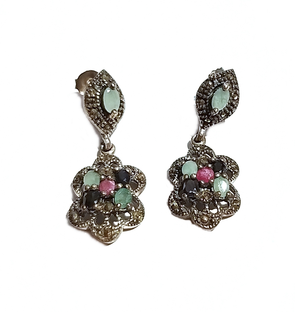 Pendientes Plata envejecida con Marcasitas y Piedras de colores