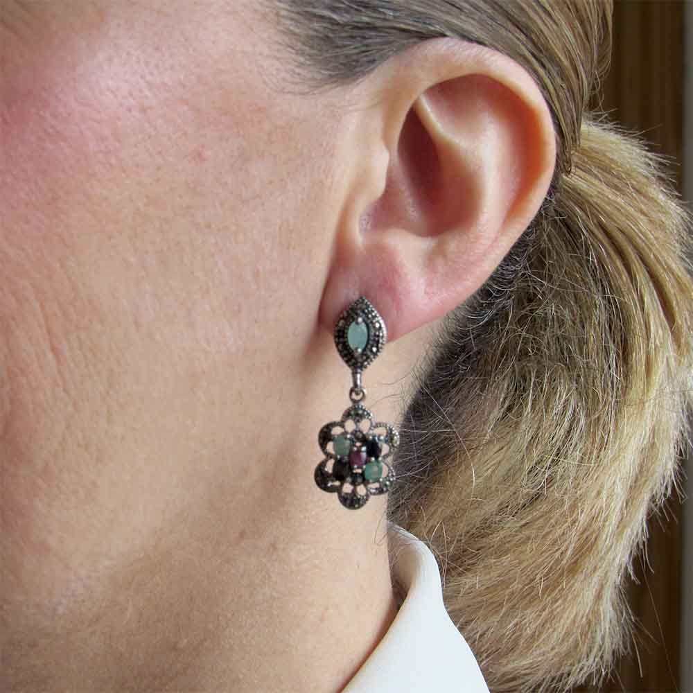Pendientes Plata envejecida con Marcasitas y Piedras de colores 2