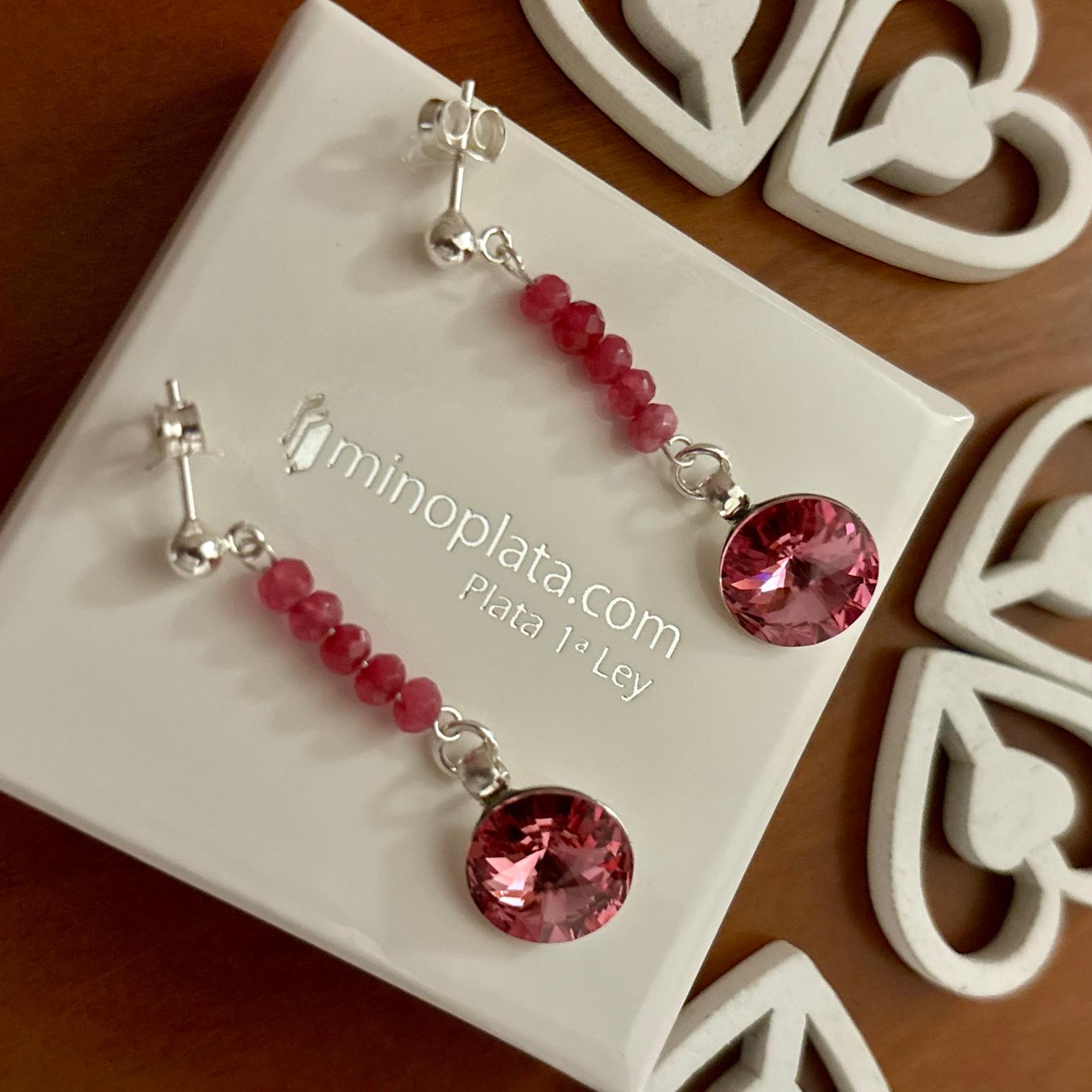Pendientes largos de Plata de ley 925 con Piedras semipreciosas y Cristal SW rosas