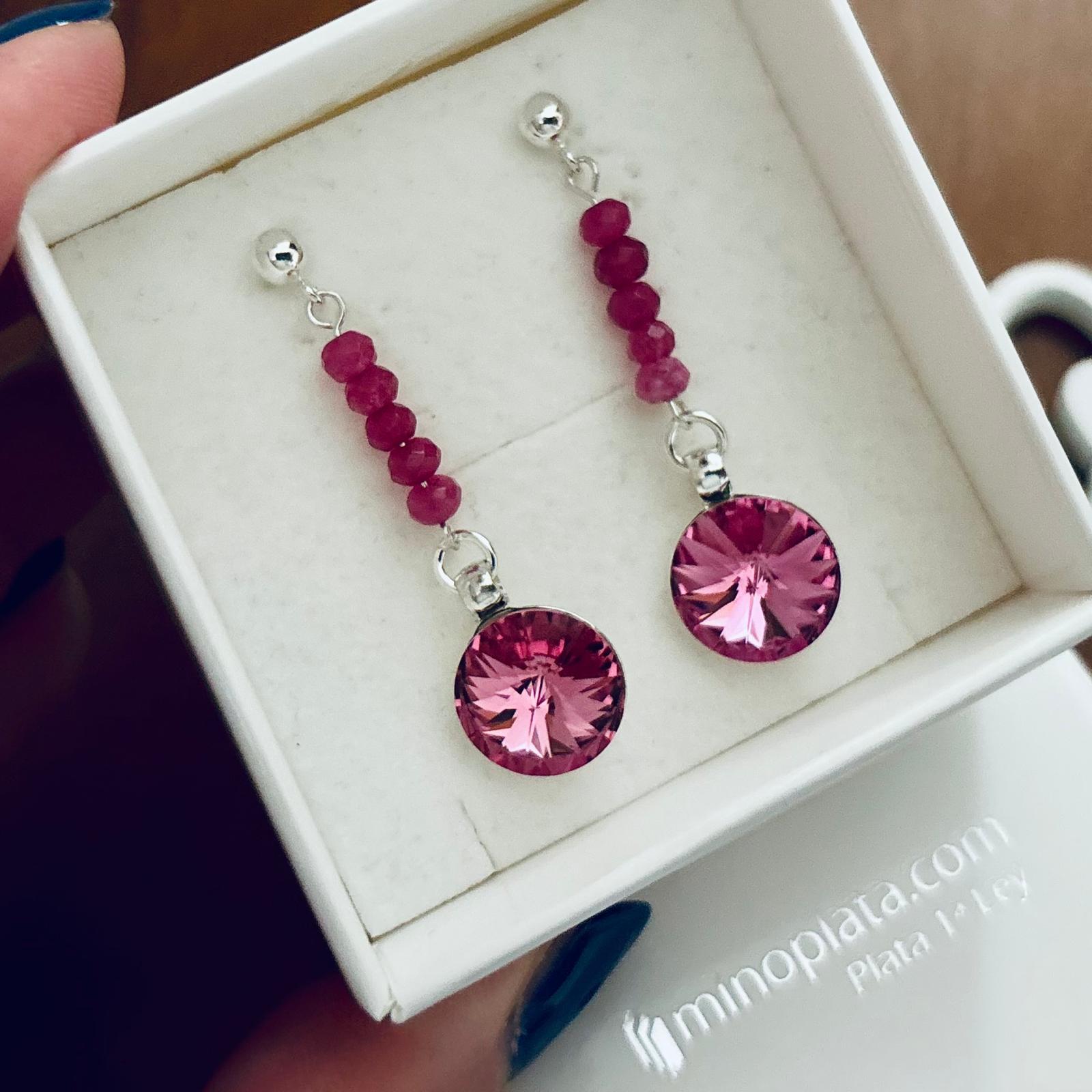Pendientes largos de Plata de ley 925 con Piedras semipreciosas y Cristal SW rosas 3