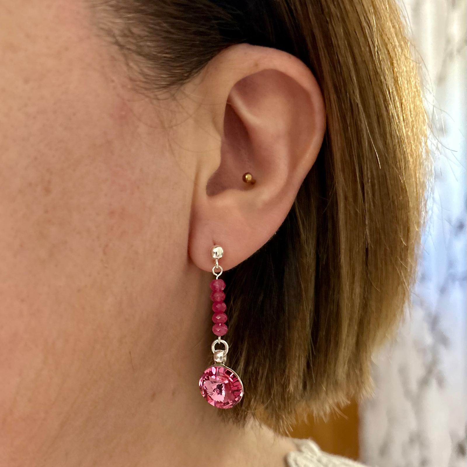 Pendientes largos de Plata de ley 925 con Piedras semipreciosas y Cristal SW rosas 4