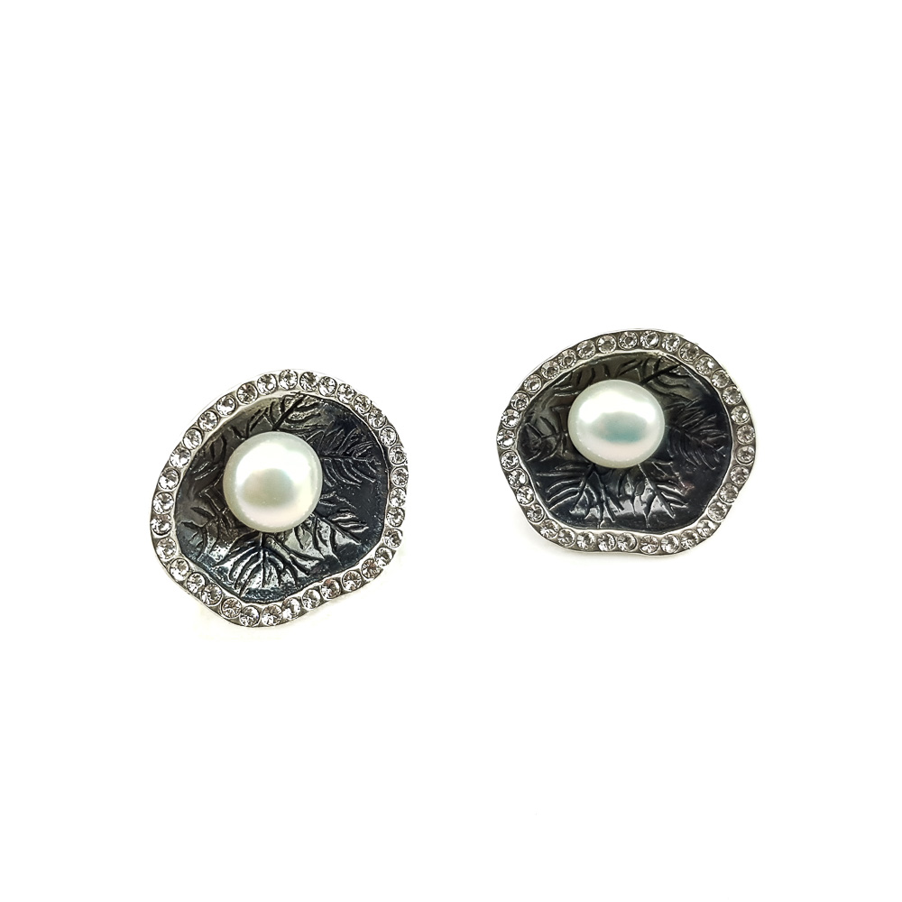 Pendientes Plata de ley en rutenio negro con Perlas y Circonitas