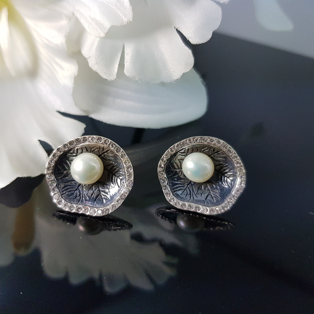 Pendientes Plata de ley en rutenio negro con Perlas y Circonitas 4