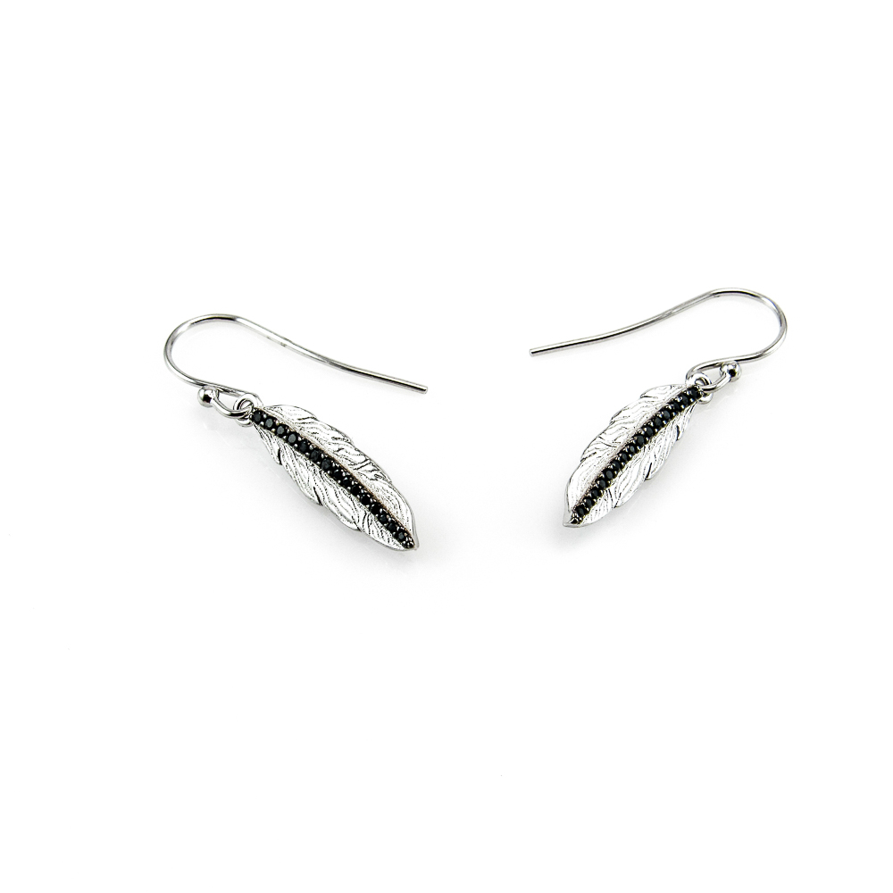 Pendientes pluma de Plata de ley rodiada con Circonitas negras