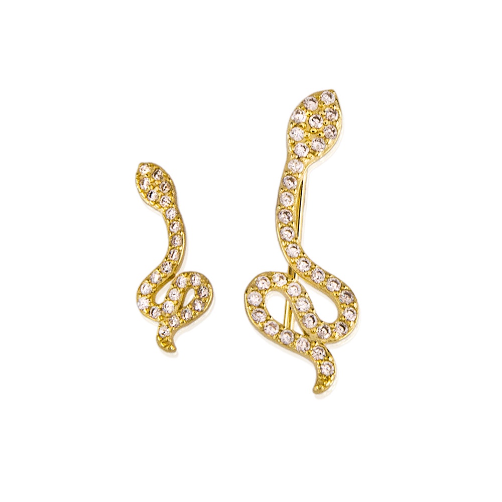 Pendientes Serpiente asimétricos de Plata dorada con Circonitas
