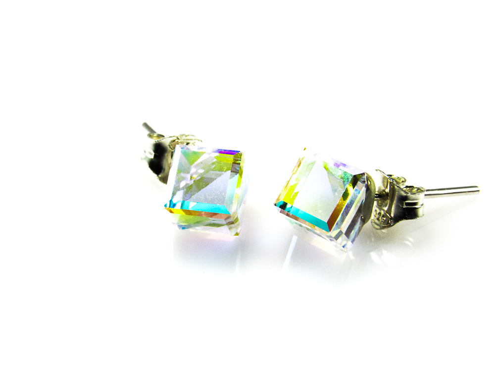 Pendientes Plata cubo cristal Swarovski aurora boreal 5 Mm.