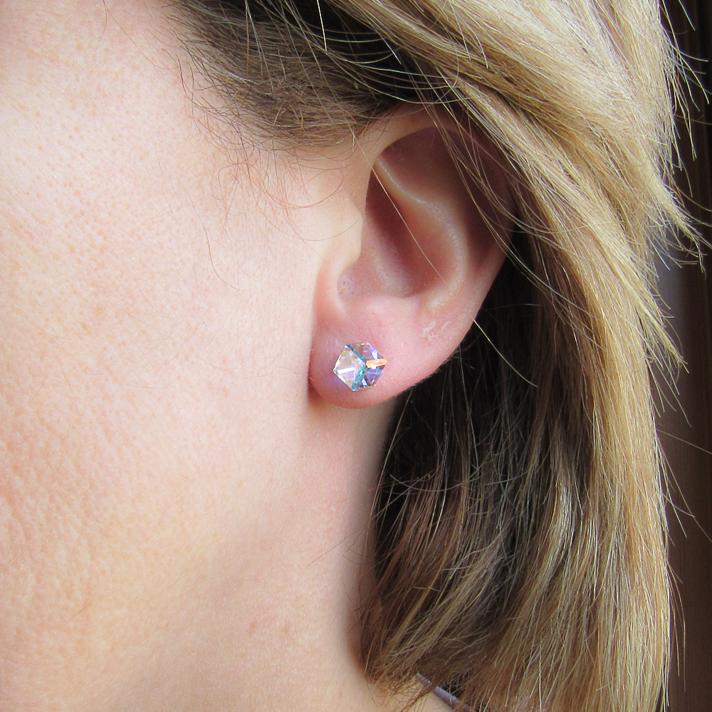 Pendientes Plata cubo cristal Swarovski aurora boreal 5 Mm. 1