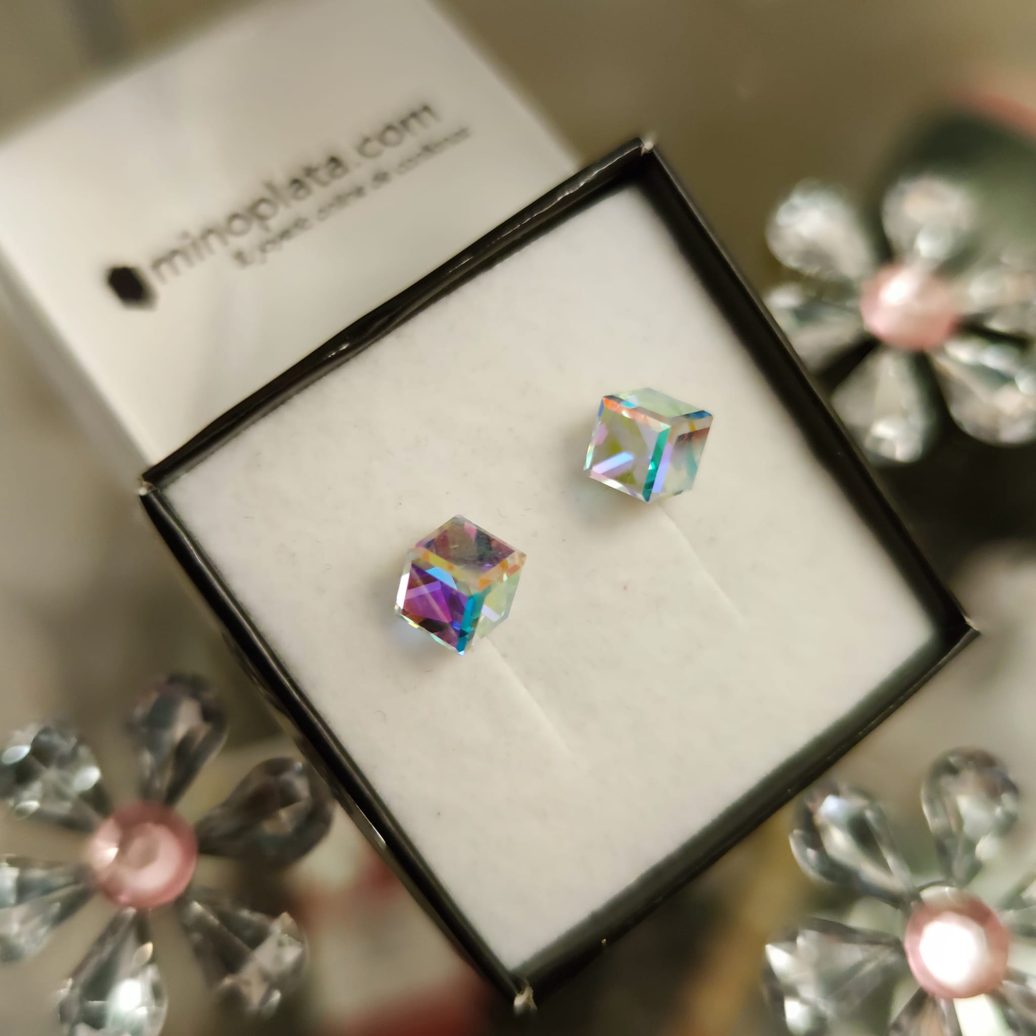 Pendientes Plata cubo cristal Swarovski aurora boreal 5 Mm. 2