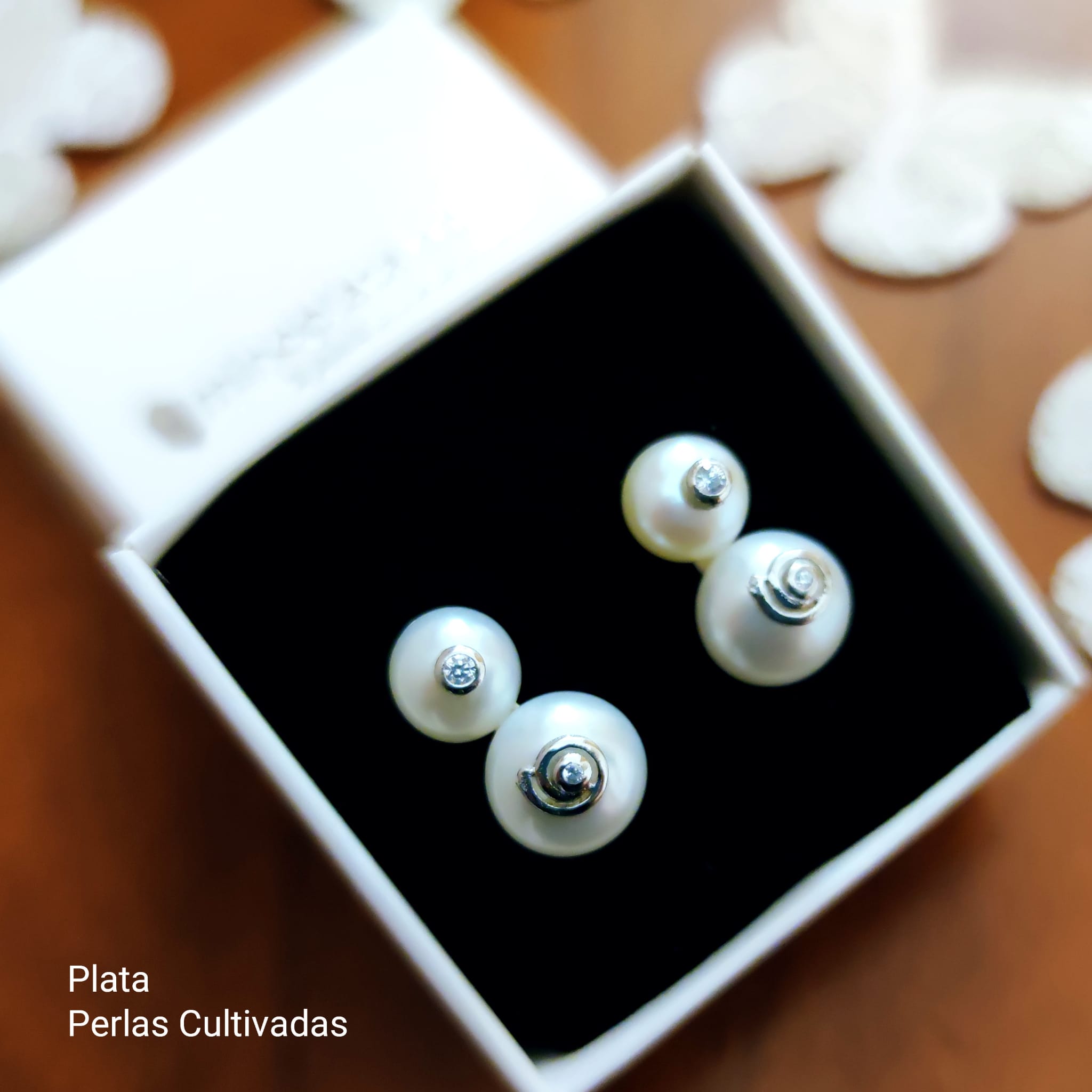 Pendientes doble Perla cultivada espiral Plata y Circonita 2