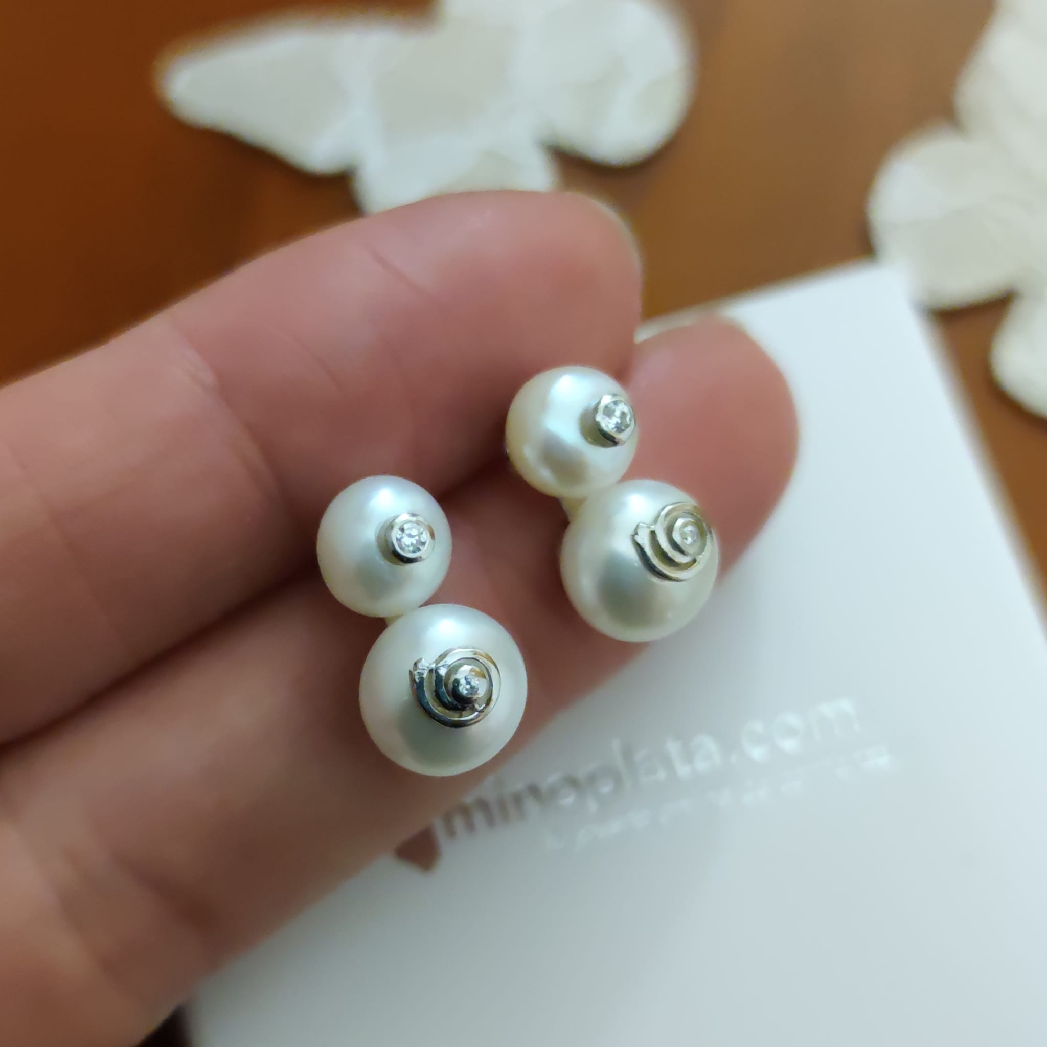 Pendientes doble Perla cultivada espiral Plata y Circonita 4
