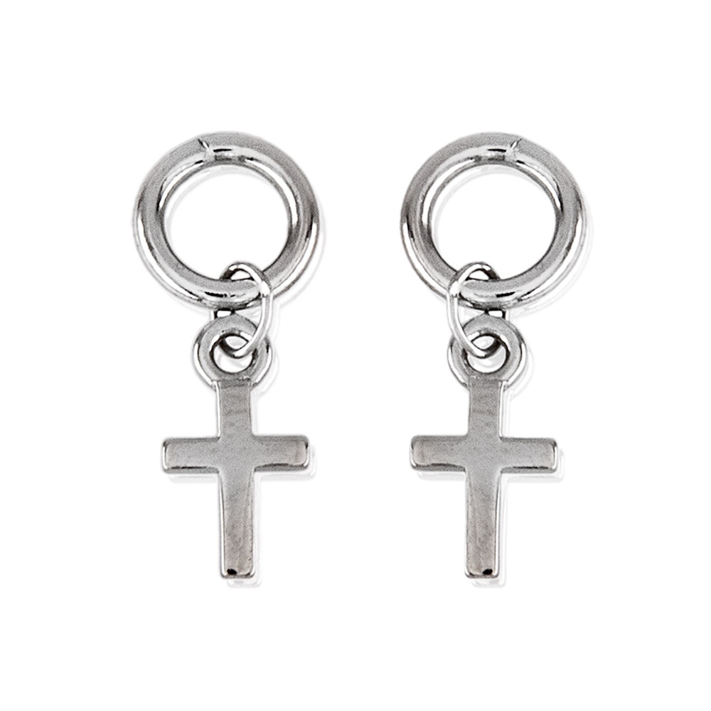 Pendientes pequeños Aro y Cruz colgante de Plata rodiada