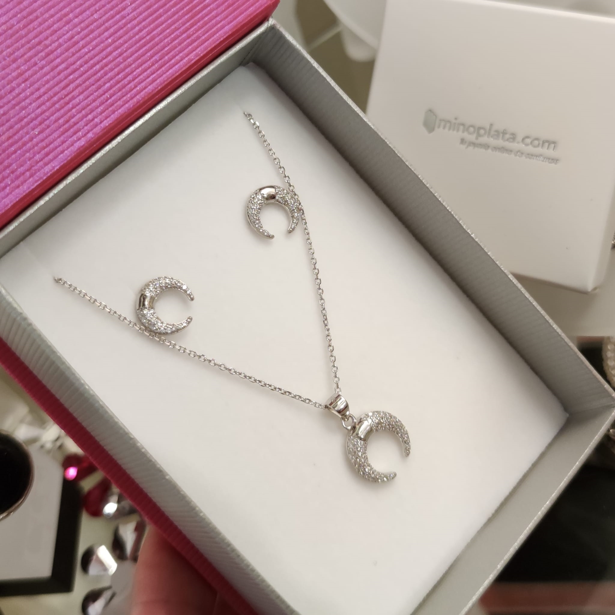 Conjunto Pendientes y Gargantilla Plata rodiada cuerno Circonita 1