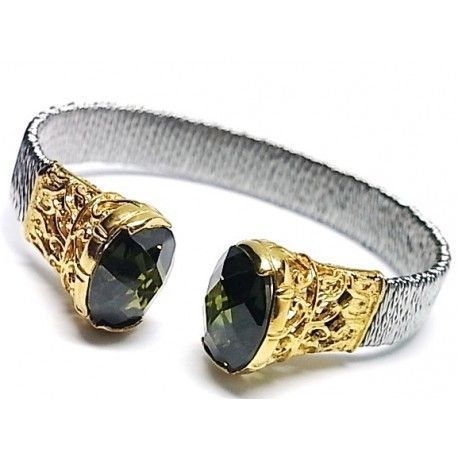 Pulsera brazalete de Acero y Plata dorada con Circonita verde
