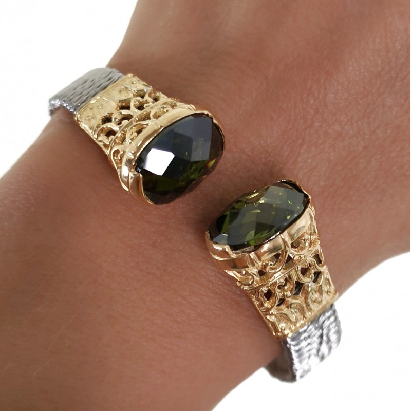 Pulsera brazalete de Acero y Plata dorada con Circonita verde 2