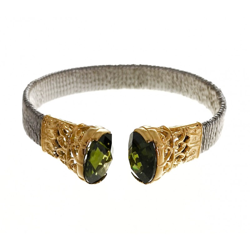 Pulsera brazalete de Acero y Plata dorada con Circonita verde 3