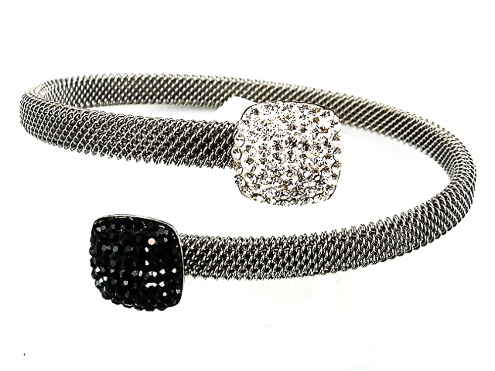Pulsera malla de Acero remates cuadrados cristal blanco y negro