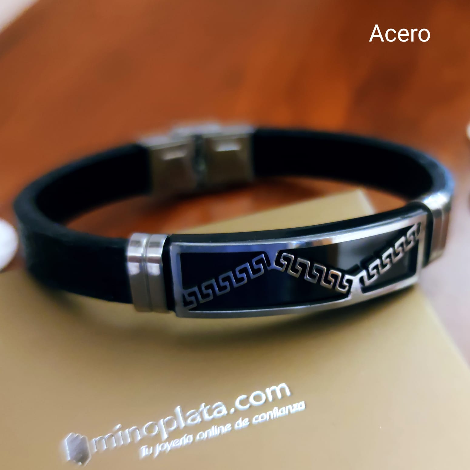 Pulsera de cuero Negro con placa Acero envejecido