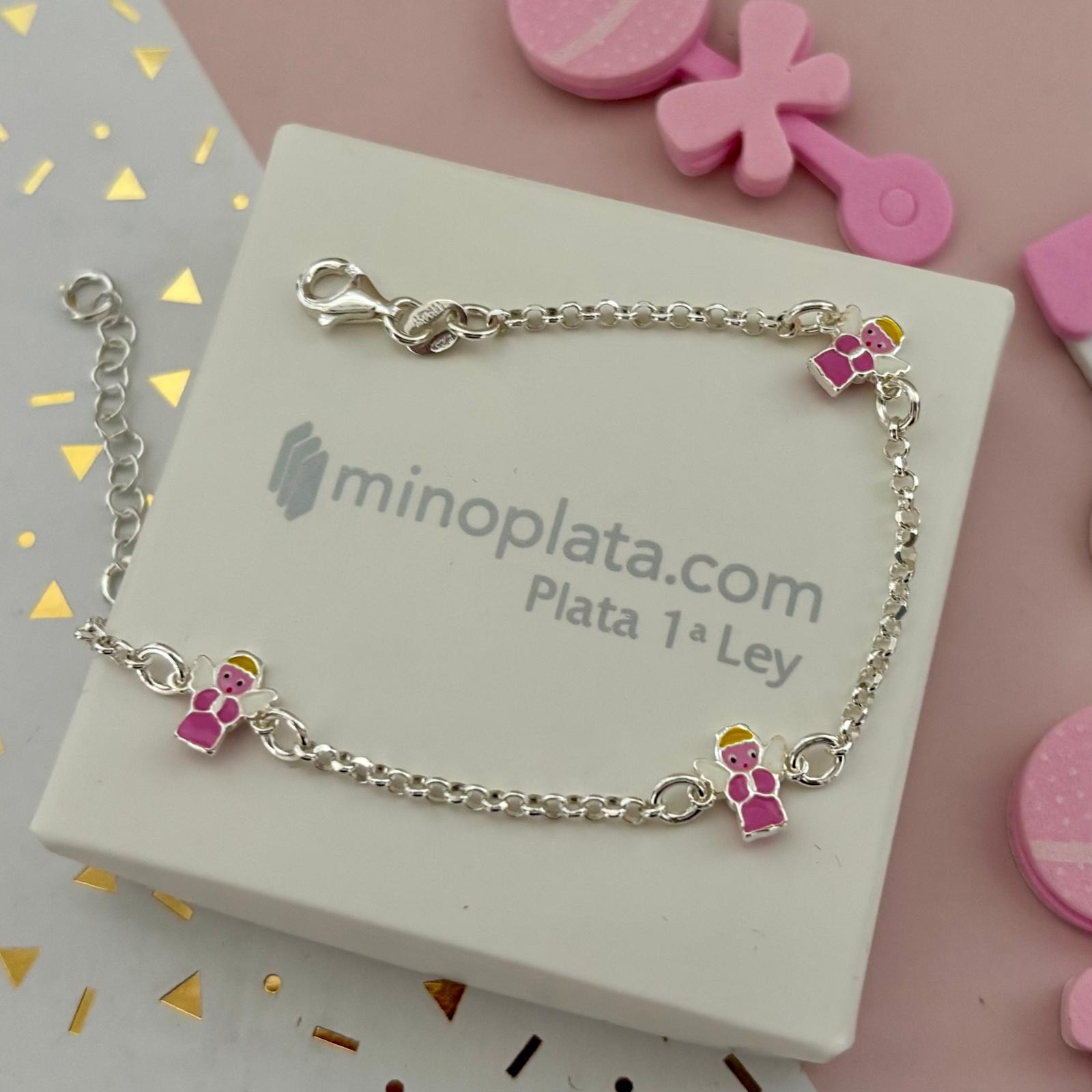 Pulsera infantil angelitos rosas de Plata de ley 925 3