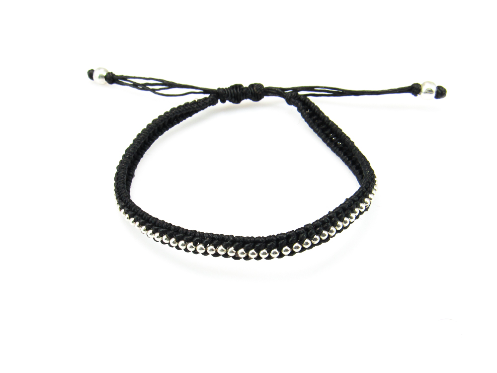 Pulsera unisex de hilo trenzado negro y bolitas de Plata de ley