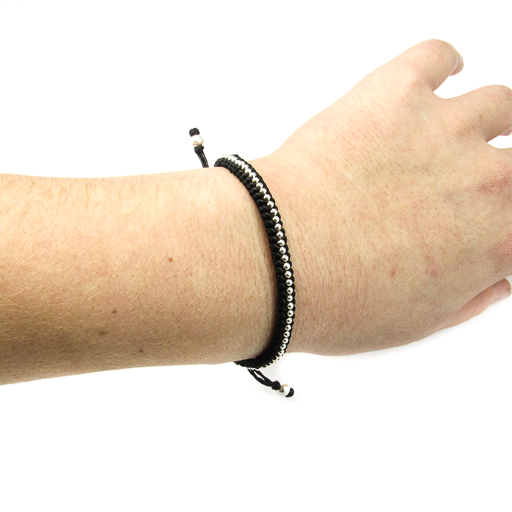 Pulsera unisex de hilo trenzado negro y bolitas de Plata de ley 1