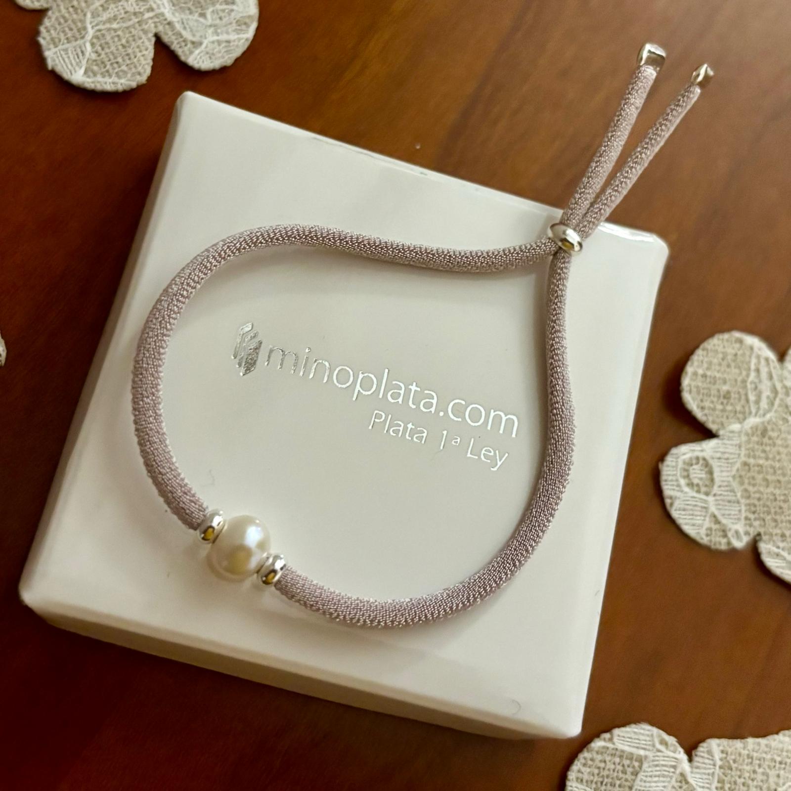 Pulsera rosa elástica y ajustable con Perla cultivada y Plata de ley 925 1