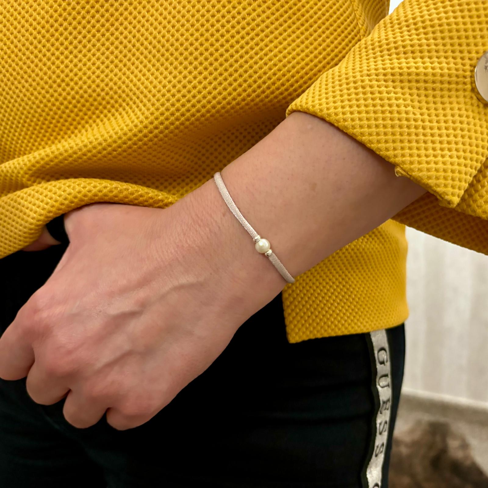 Pulsera rosa elástica y ajustable con Perla cultivada y Plata de ley 925 2