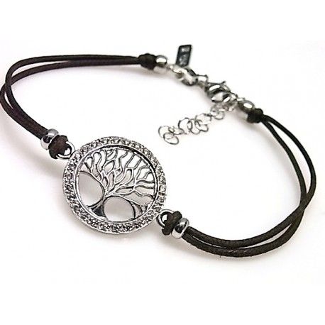 Pulsera árbol de la vida Plata y circonitas hilo marrón