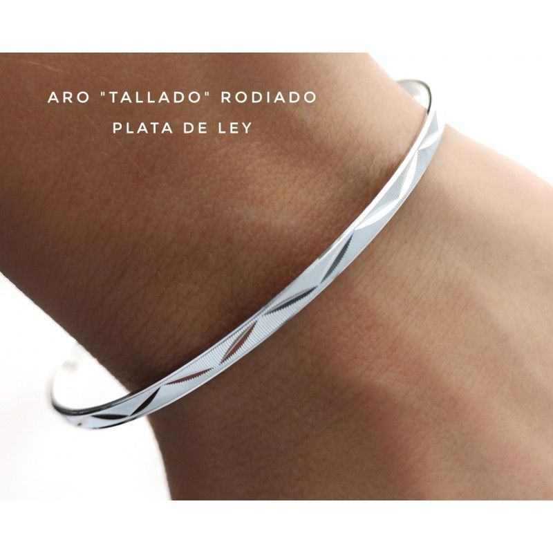 Pulsera de Plata rodiada Aro Semanario tallado 3 Mm. y 65 Mm.