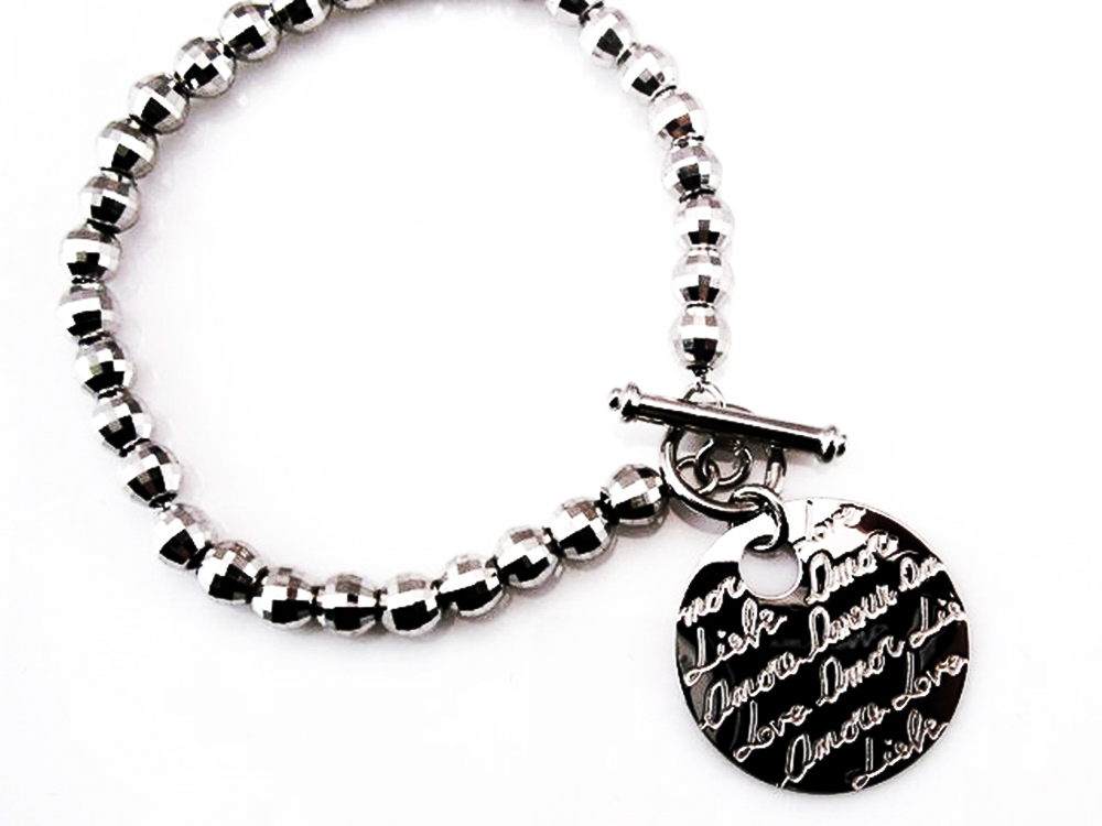 Pulsera Plata rodiada Bola Diamantada y Chapa