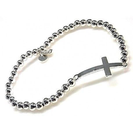 Pulsera elástica de bolas con cruz de Plata de ley