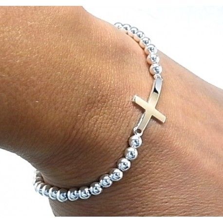 Pulsera elástica de bolas con cruz de Plata de ley 1