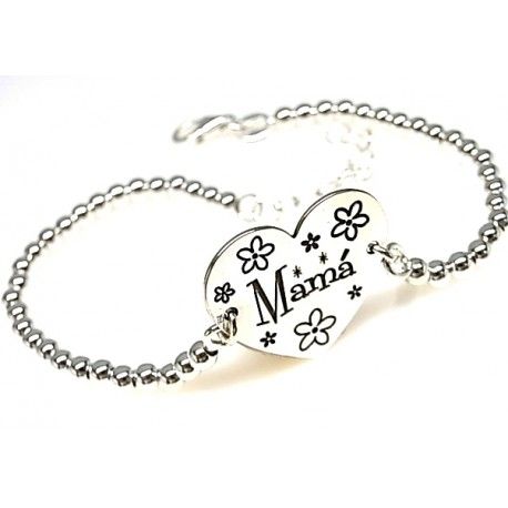 Pulsera bolas de Plata 3 Mm. chapa corazón Mamá