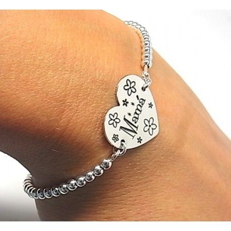 Pulsera bolas de Plata 3 Mm. chapa corazón Mamá 1