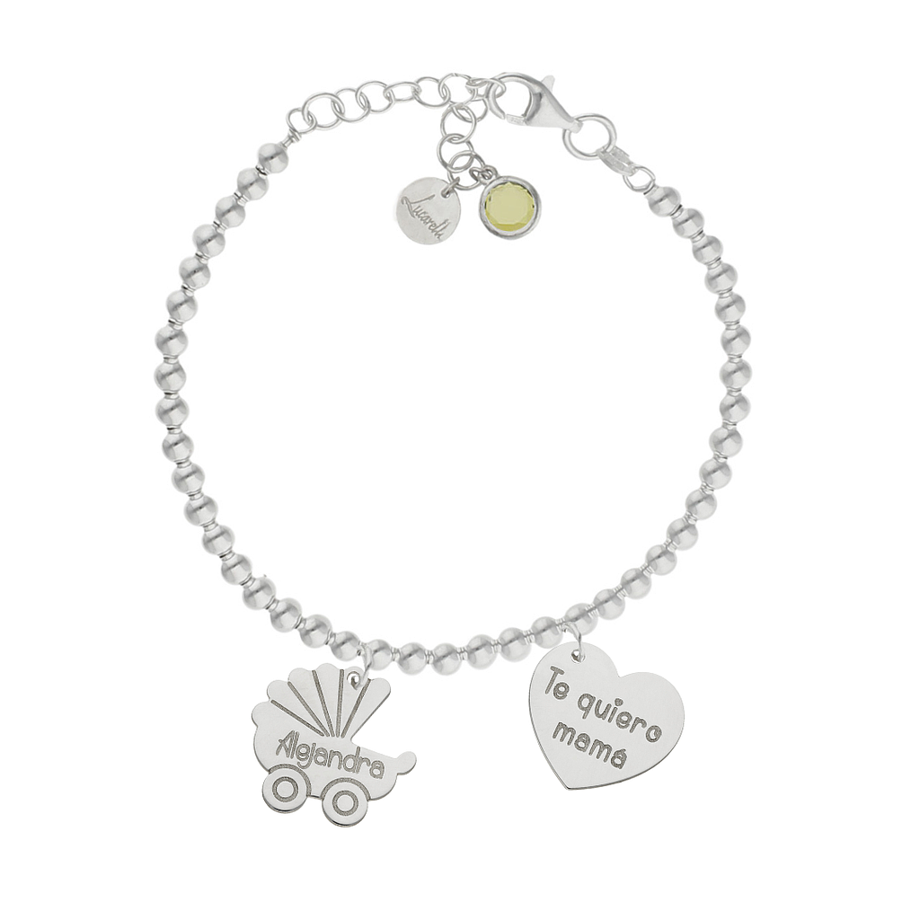 Pulsera bolas carrito+corazón Personalizados de Plata de ley 925