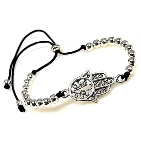 Pulsera Mano de Fátima con bolas de Plata ajustable